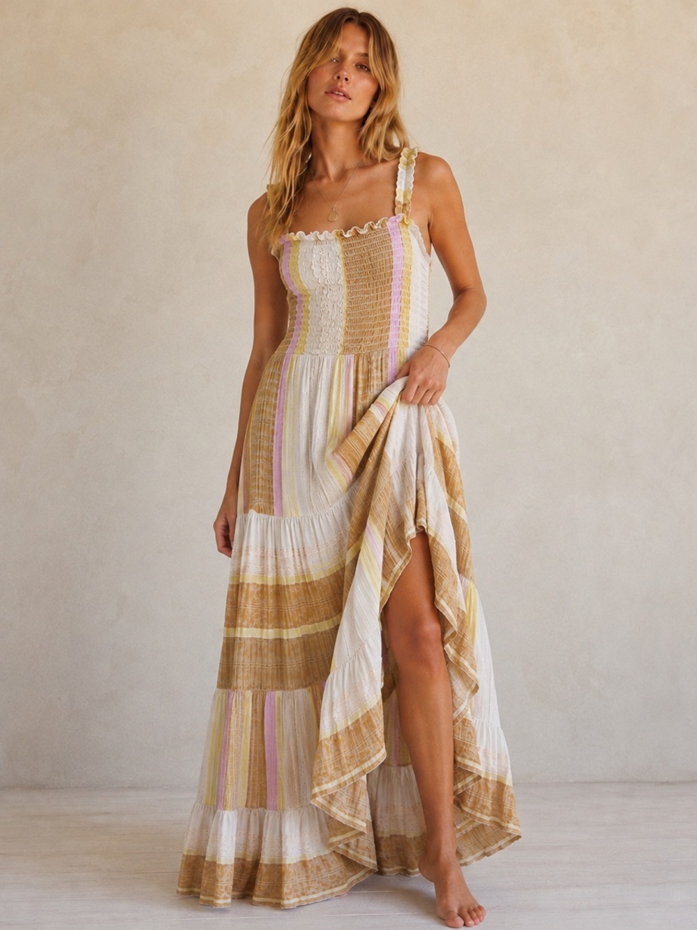 Z Supply Smocked Striped Tiered Maxi Dress Cream Tan
